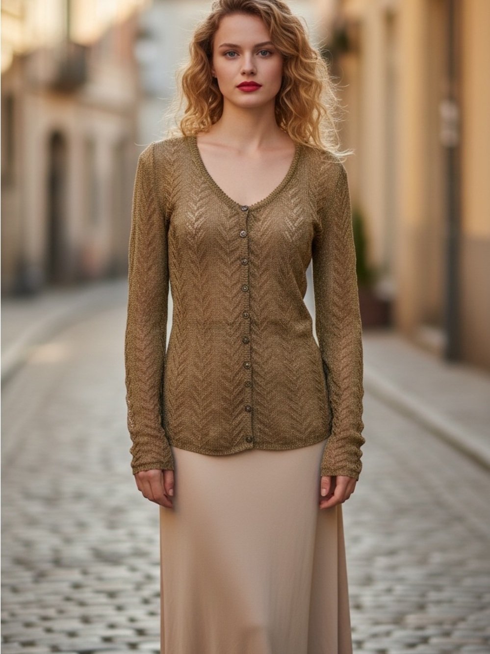 D&G Gold Brown V-Neck Button-Front Women's Cardigan